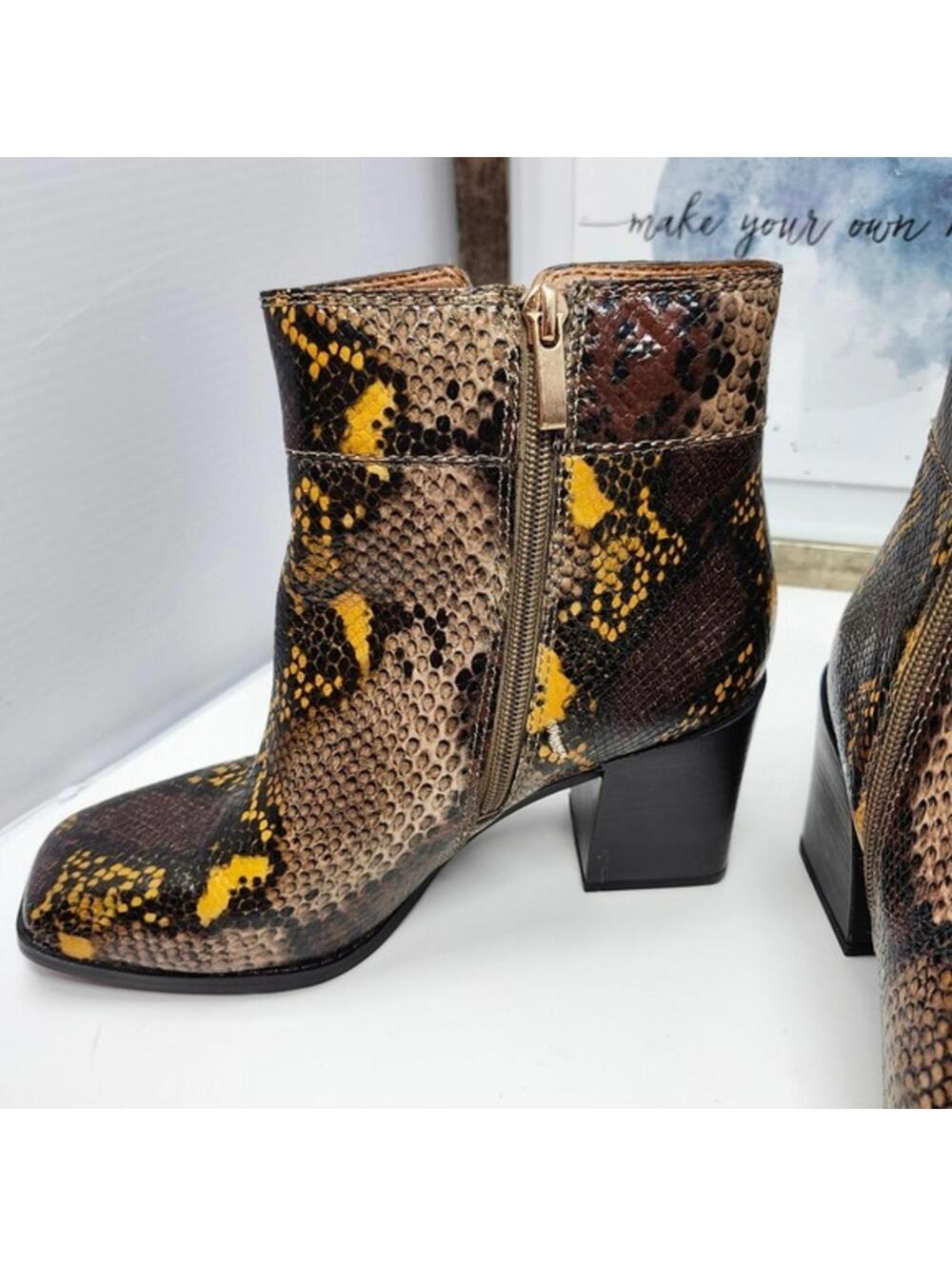 Franco Sarto Snakeskin Print Ankle Boots Booties Block Heel Brown Yellow 7.5 - Picture 2 of 8